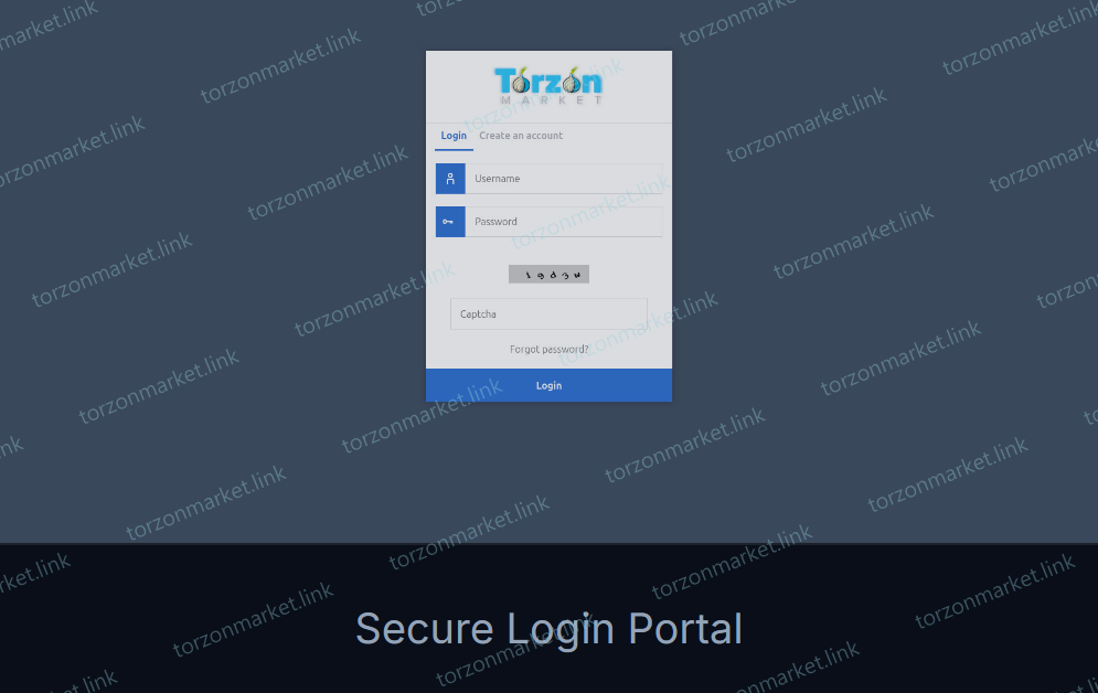 Torzon login form with username, password, and captcha in Tor Browser