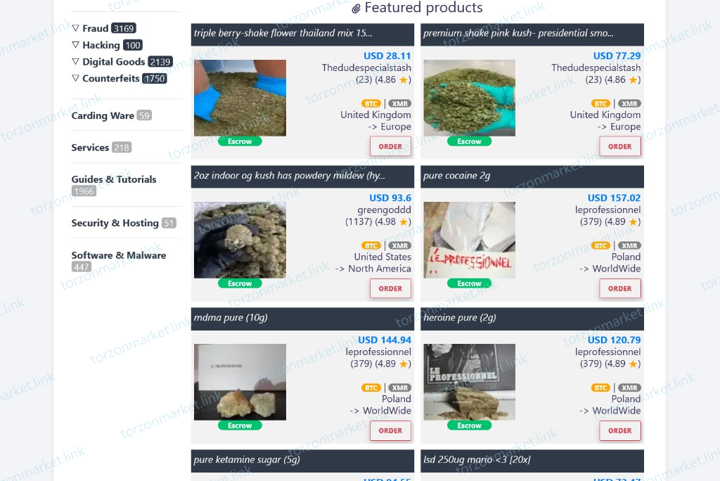Torzon featured product grid with category sidebar in Tor Browser