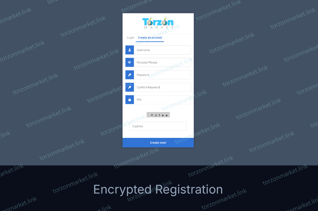 Torzon registration form with personal phrase and PIN fields