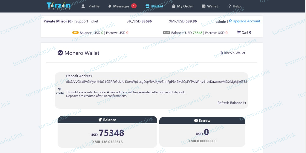 Torzon Monero wallet deposit screen with balance and escrow cards